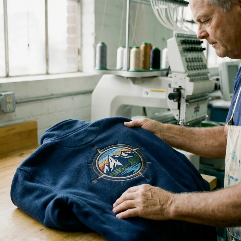 Kontrola jakości wielokolorowego haftu na bluzie polarowej.