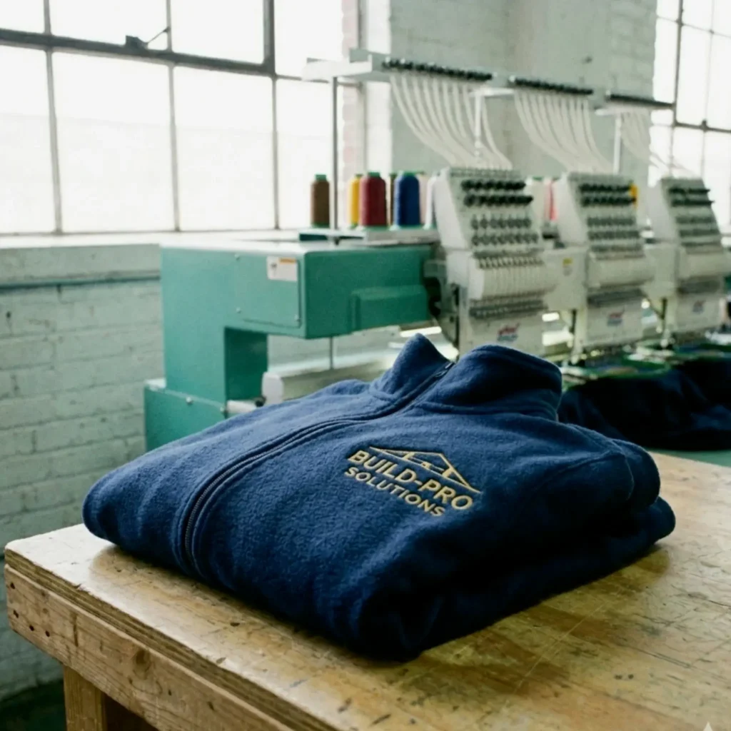 Niebieski polar z haftowanym, złotym logo BUILD-PRO.
