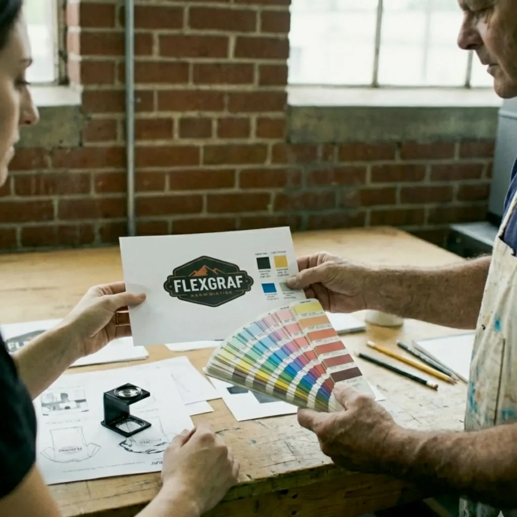 Weryfikacja kolorów logo FLEXGRAF z wzornikiem barw.